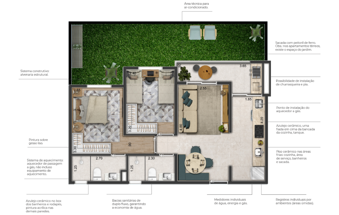 Planta apto. tipo 1 • 2 dormitórios - 52,42 m