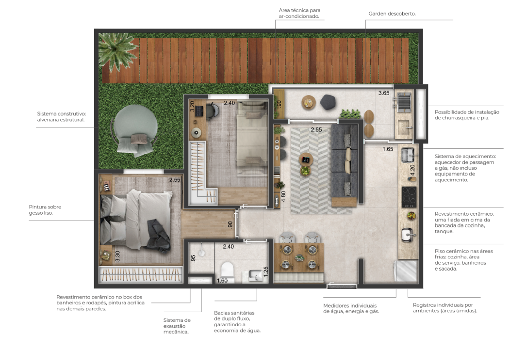 Planta apto. tipo 1 • 2 dormitórios - 52,42 m